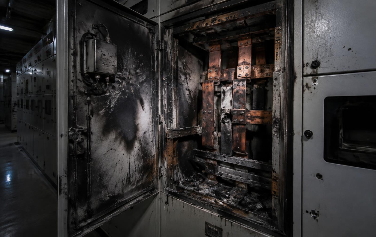 Arc damaged medium voltage switchgear cubicle with copper busbar exposed for examination