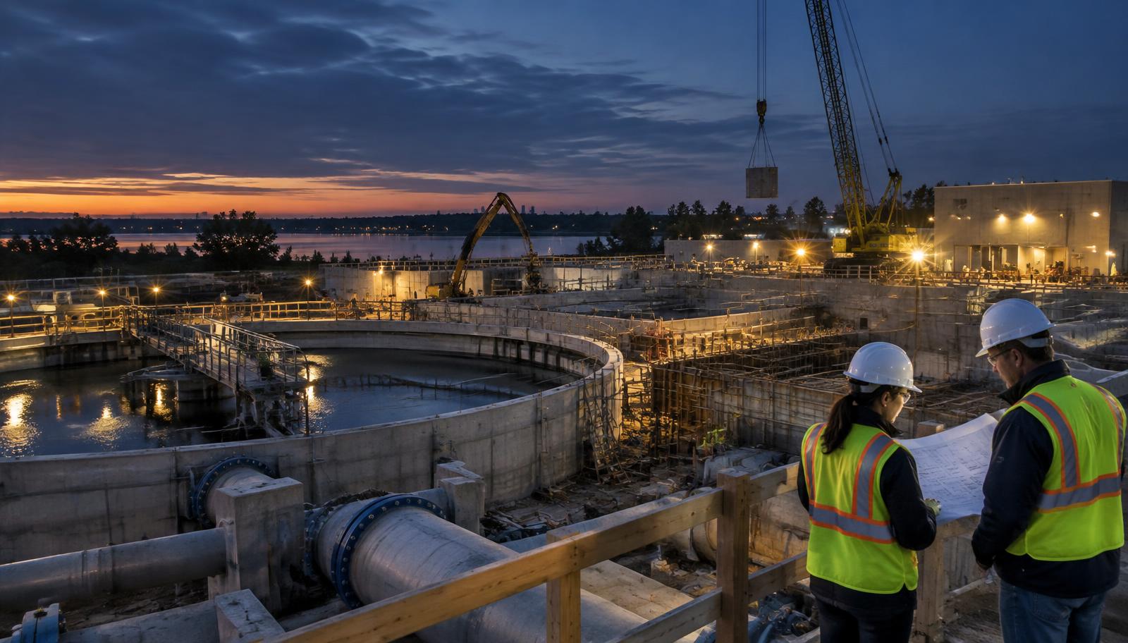 Municipal water infrastructure construction with large process piping, concrete works and owner-side field review